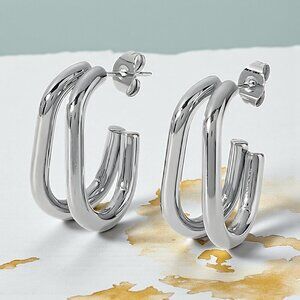 Minimalist Double Hoop Earrings 18K White Gold Plated Stainless Steel